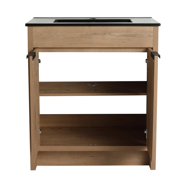 English Elm 30" Freestanding Bathroom Vanity With Black Ceramic Basin & Soft-Close Doors For Modern Spaces W999S00103