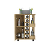 English Elm Bar Cart Wells, Four Casters, Six Wine Cubbies, Single Door Cabinet, Light Oak Finish