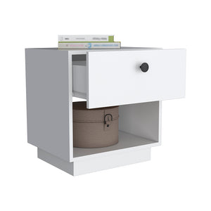 English Elm Nightstand Viliigili – Modern White Finish With One Drawer & Open Shelf For Small Spaces & Storage B092123120