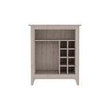 English Elm Bar Cabinet Castle, One Open Shelf, Six Wine Cubbies, Light Gray Finish