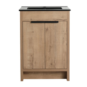 English Elm 24" Freestanding Bathroom Vanity with Black Ceramic Sink, Eco Plywood, Soft-Close Doors & Shelf W999S00102