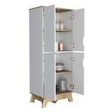 English Elm Double Kitchen Pantry Wallas, Double Door, Four Legs, Four Shelves, Light Oak / White Finish