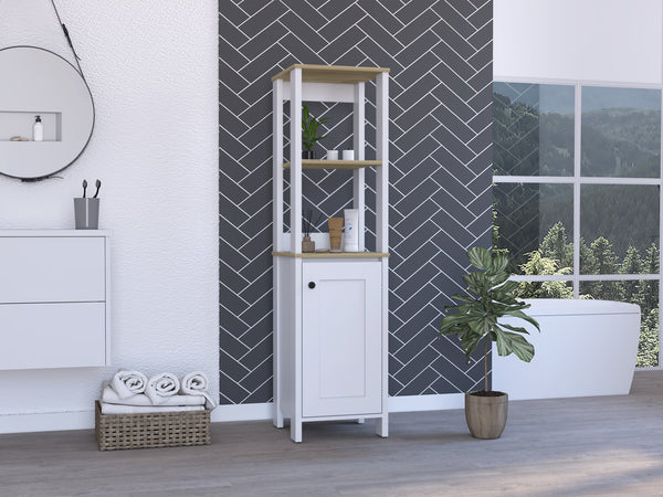 English Elm Linen Cabinet Jannes – Scandinavian-Style Storage With Open Shelves & Single Door In Light Oak/White Finish B092122959