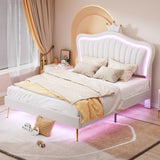 English Elm Queen Size Upholstered Bed Frame With Led Lights,Modern Upholstered Princess Bed With Crown Headboard,White