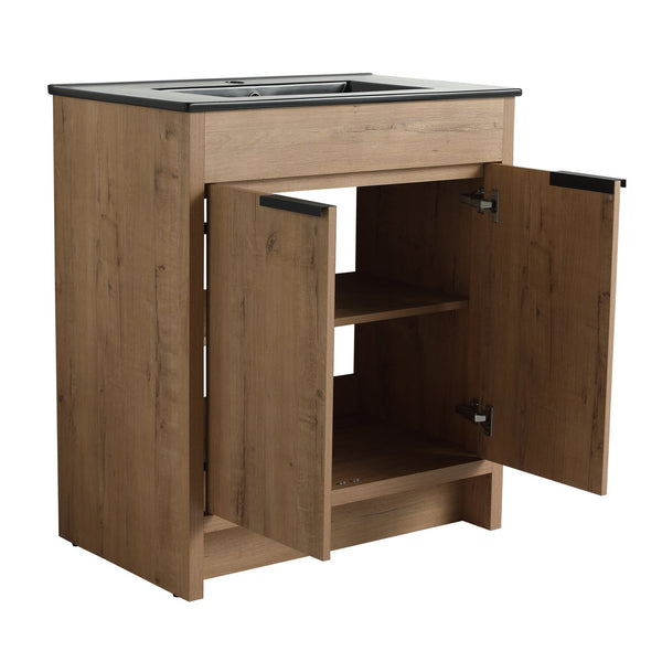English Elm 30" Freestanding Bathroom Vanity With Black Ceramic Basin & Soft-Close Doors For Modern Spaces W999S00103