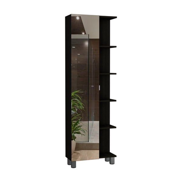 English Elm Mirror Linen Cabinet Reno 62" Tall Mirrored Door with Four Open Shelves and Adjustable Interior Storage Black B092123062