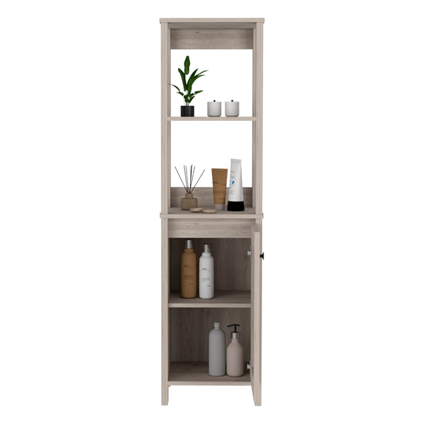 English Elm Linen Cabinet Jannes - Light Gray Finish, Two Open Shelves & Single Door For Stylish Bathroom Storage B092122957