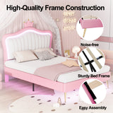 English Elm Full Size Upholstered Bed Frame With Led Lights,Modern Upholstered Princess Bed With Crown Headboard,White+Pink