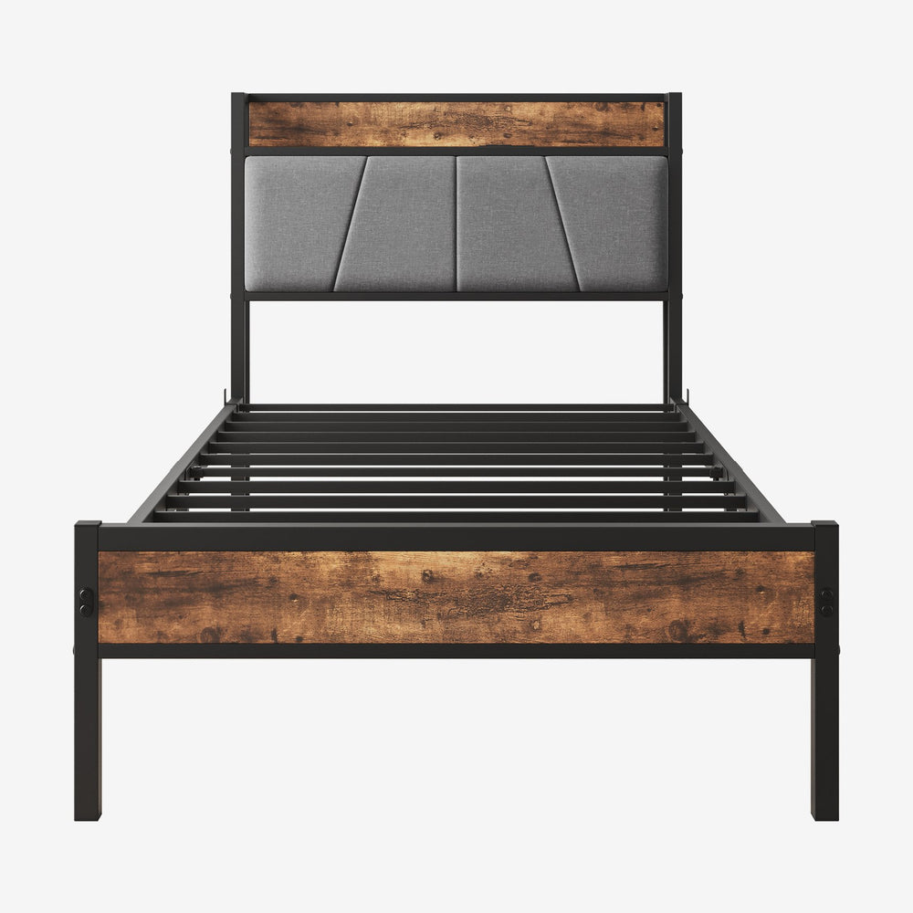 English Elm Twin Twin Size Bed Frame with Storage Headboard, USB Charging Ports, Gray Upholstered, Sturdy Metal Slats W840120026
