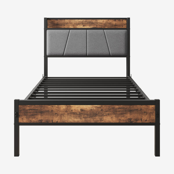 English Elm Twin Twin Size Bed Frame with Storage Headboard, USB Charging Ports, Gray Upholstered, Sturdy Metal Slats W840120026
