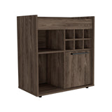 English Elm Bar Cabinet Dext, Two Concealed Shelves, Six Wine Cubbies, Dark Walnut Finish