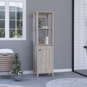 English Elm Linen Cabinet Jannes - Light Gray Finish, Two Open Shelves & Single Door For Stylish Bathroom Storage B092122957