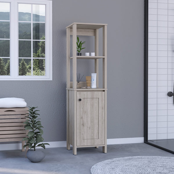 English Elm Linen Cabinet Jannes - Light Gray Finish, Two Open Shelves & Single Door For Stylish Bathroom Storage B092122957
