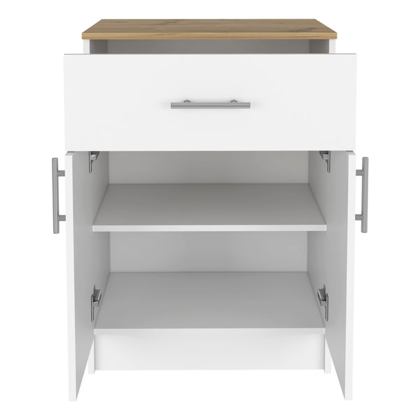 English Elm Pantry Netal White & Light Oak Cabinet with Drawer, Countertop, Steel Hinges, Durable Particleboard B092123025