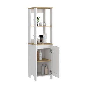 English Elm Linen Cabinet Jannes, Two Open Shelves, Single Door, Light Oak / White Finish