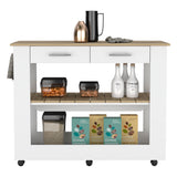 English Elm Kitchen Island 46 Inches Dozza, Two Drawers, White / Light Oak Finish