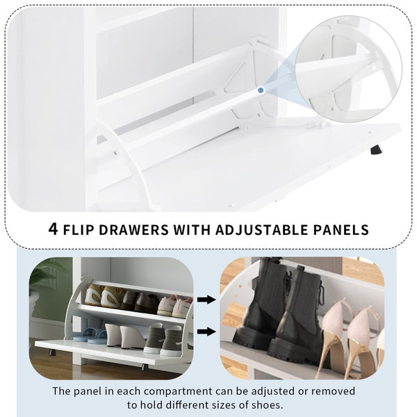 English Elm Slim Tipping Bucket Shoe Cabinet Set With 4 Flip Drawers, Wood Grain Pattern Top Shoe Storage Solution With Adjustable Panel, Modern Style Shoe Rack With Drawers For Hallway, White