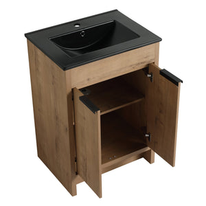 English Elm 24" Freestanding Bathroom Vanity with Black Ceramic Sink, Eco Plywood, Soft-Close Doors & Shelf W999S00102
