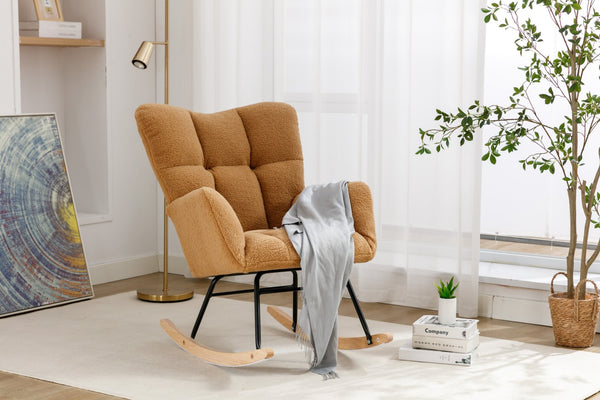 English Elm 050-teddy Fabric Glider Rocking Chair Plush Nursery Accent Seat with Wooden Base W527P176785