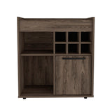 English Elm Bar Cabinet Dext, Two Concealed Shelves, Six Wine Cubbies, Dark Walnut Finish