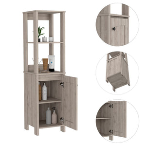 English Elm Linen Cabinet Jannes - Light Gray Finish, Two Open Shelves & Single Door For Stylish Bathroom Storage B092122957