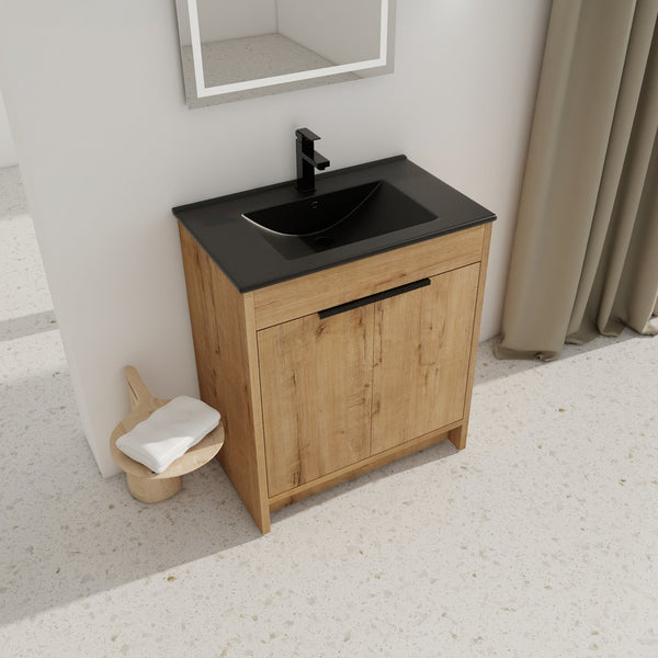 English Elm 30" Freestanding Bathroom Vanity With Black Ceramic Basin & Soft-Close Doors For Modern Spaces W999S00103