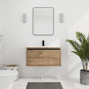 English Elm 36 Inch Floating Bathroom Vanity with Gel Basin, Soft-Close Doors & Drawers, Water-Resistant Ply Finish W99990145
