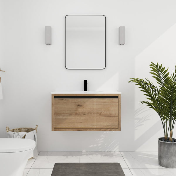 English Elm 36 Inch Floating Bathroom Vanity with Gel Basin, Soft-Close Doors & Drawers, Water-Resistant Ply Finish W99990145