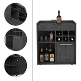 English Elm Bar Cabinet Dext, Two Concealed Shelves, Six Wine Cubbies, Light Gray Finish