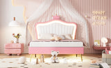 English Elm Full Size Upholstered Bed Frame With Led Lights,Modern Upholstered Princess Bed With Crown Headboard,White+Pink