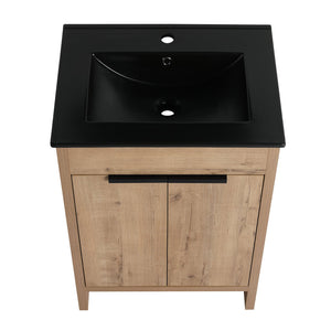 English Elm 24" Freestanding Bathroom Vanity with Black Ceramic Sink, Eco Plywood, Soft-Close Doors & Shelf W999S00102