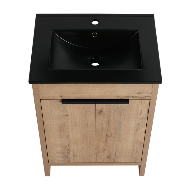 English Elm 24" Freestanding Bathroom Vanity with Black Ceramic Sink, Eco Plywood, Soft-Close Doors & Shelf W999S00102