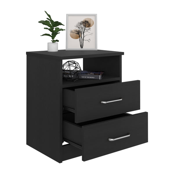 English Elm Nightstand Olivenza - Modern Two-Drawer Design With Open Shelf In Elegant Black Wengue Finish B092122819