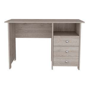 English Elm Writing Desk Brentwood With Three Drawers and Open Storage Shelf, Light Gray Finish