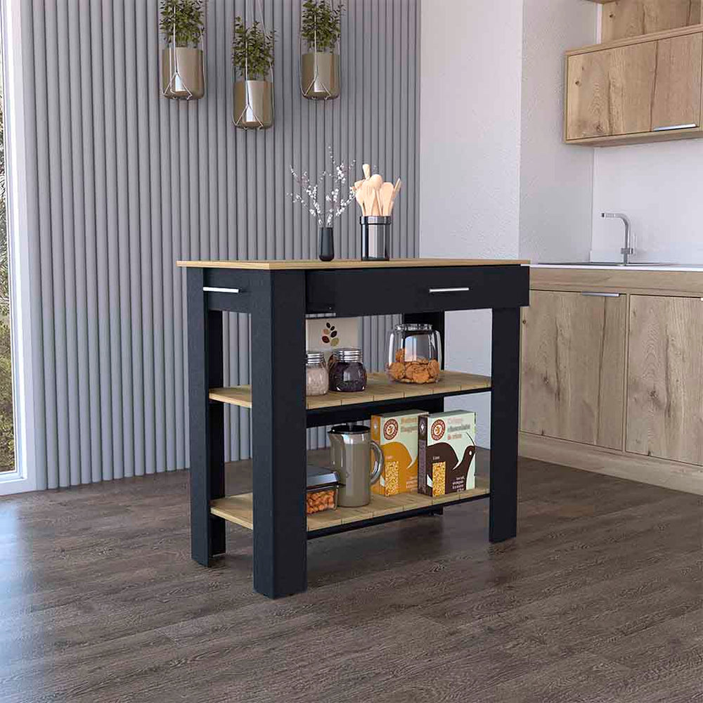 English Elm Kitchen Island 40 Inches Dozza With Two Shelves, Modern Black Wengue & Light Oak Finish Design B092123276