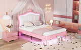 English Elm Queen Size Upholstered Bed Frame With Led Lights,Modern Upholstered Princess Bed With Crown Headboard,White+Pink