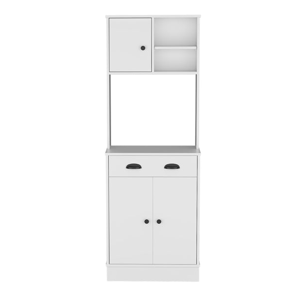 English Elm Microwave Storage Stand With 3 Doors, Drawer & Modern White Finish For Clutter-Free Kitchens B092123135