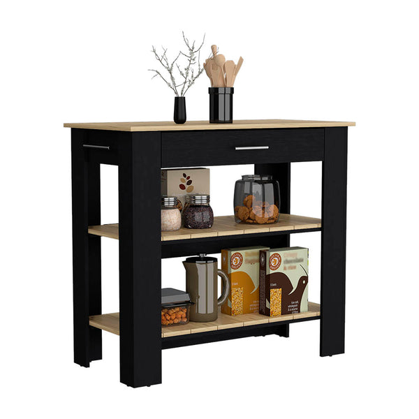 English Elm Kitchen Island 40 Inches Dozza With Two Shelves, Modern Black Wengue & Light Oak Finish Design B092123276