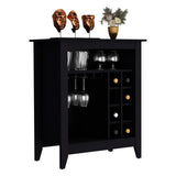 English Elm Bar Cabinet Castle, One Open Shelf, Six Wine Cubbies, Black Wengue Finish