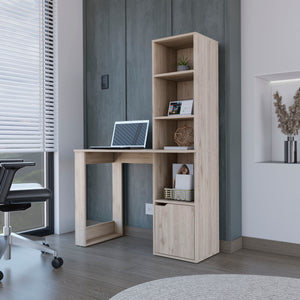 English Elm Computer Desk With Storage Cabinet & 4-Tier Bookcase - Light Gray, Space-Saving Workstation Solution B092123136