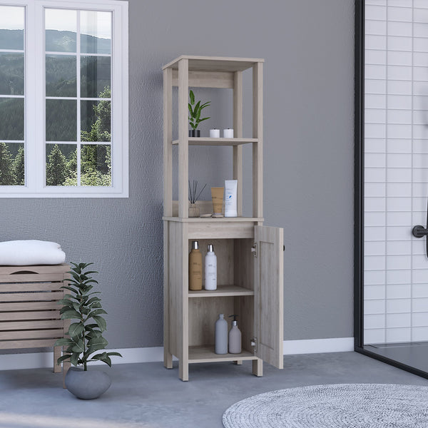 English Elm Linen Cabinet Jannes - Light Gray Finish, Two Open Shelves & Single Door For Stylish Bathroom Storage B092122957