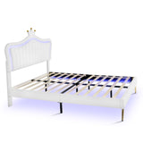 English Elm Queen Size Upholstered Bed Frame With Led Lights,Modern Upholstered Princess Bed With Crown Headboard,White