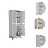 English Elm Double Kitchen Pantry Wallas, Double Door, Four Legs, Four Shelves, Light Oak / White Finish