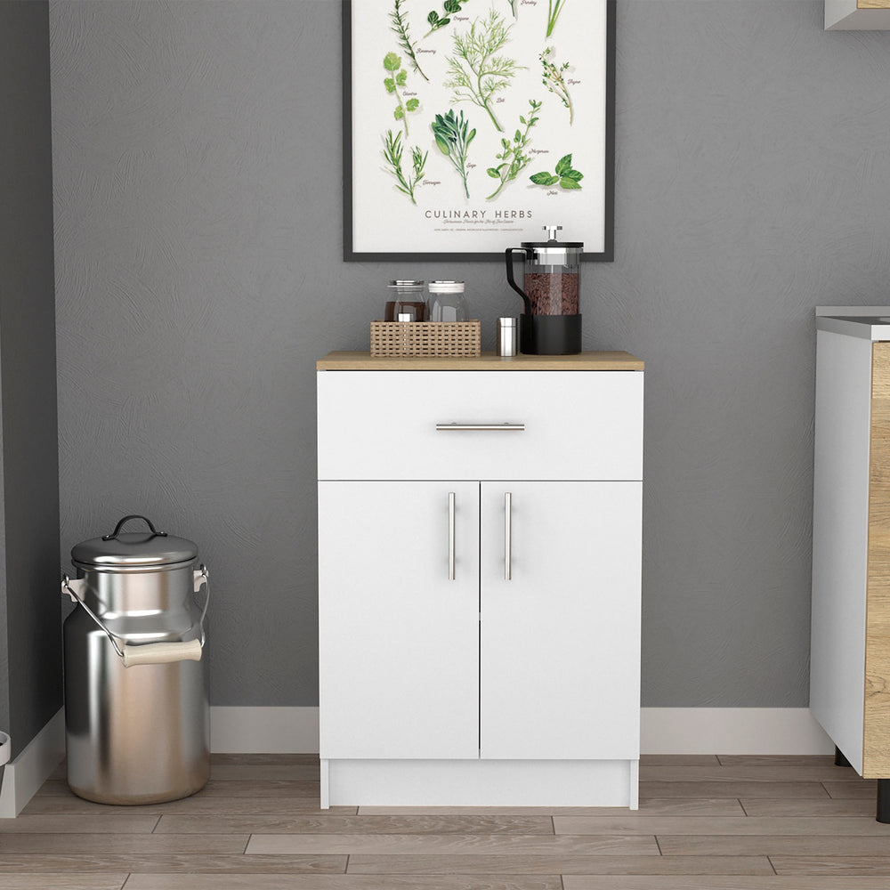 English Elm Pantry Netal White & Light Oak Cabinet with Drawer, Countertop, Steel Hinges, Durable Particleboard B092123025