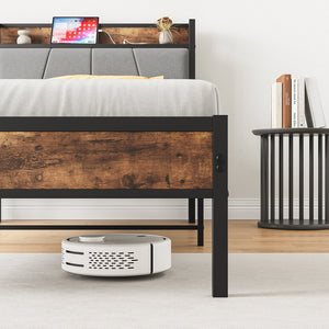 English Elm Twin Twin Size Bed Frame with Storage Headboard, USB Charging Ports, Gray Upholstered, Sturdy Metal Slats W840120026