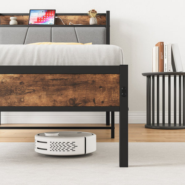 English Elm Twin Twin Size Bed Frame with Storage Headboard, USB Charging Ports, Gray Upholstered, Sturdy Metal Slats W840120026