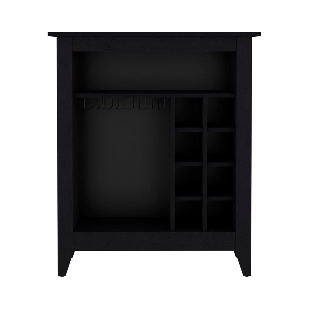 English Elm Bar Cabinet Castle with Six Wine Cubbies and Open Shelf, Elegant Wengue Finish, Decorative Top Black B092122883
