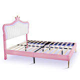 English Elm Queen Size Upholstered Bed Frame With Led Lights,Modern Upholstered Princess Bed With Crown Headboard,White+Pink