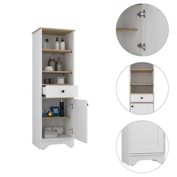English Elm Linen Cabinet With Multiple Shelves, Modern Light Oak & White Finish For Stylish Bathroom Storage B092122879