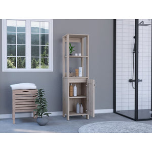 English Elm Linen Cabinet Jannes - Light Gray Finish, Two Open Shelves & Single Door For Stylish Bathroom Storage B092122957